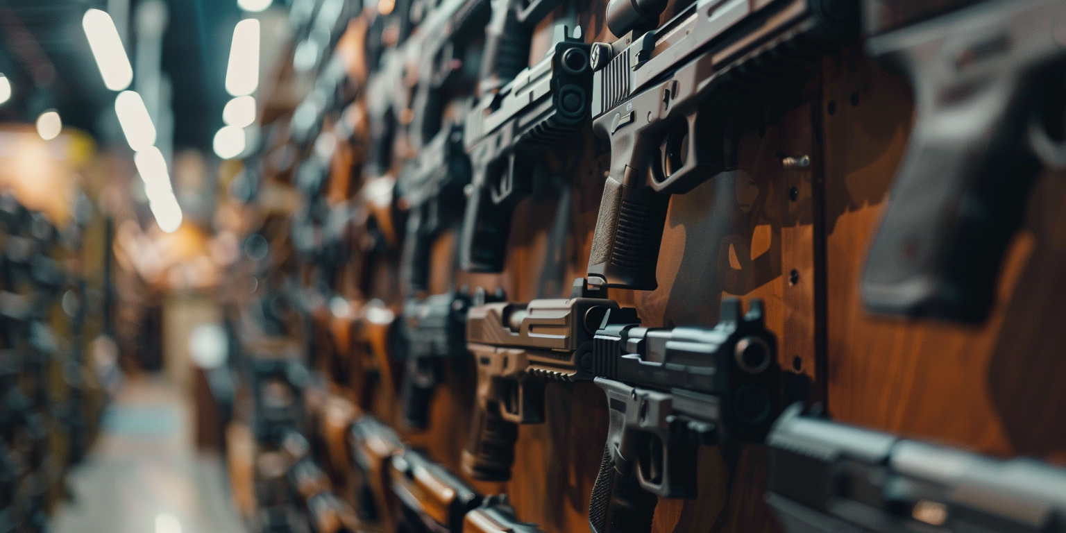 A wall of firearms as illustration for firearms parts manufacturing article